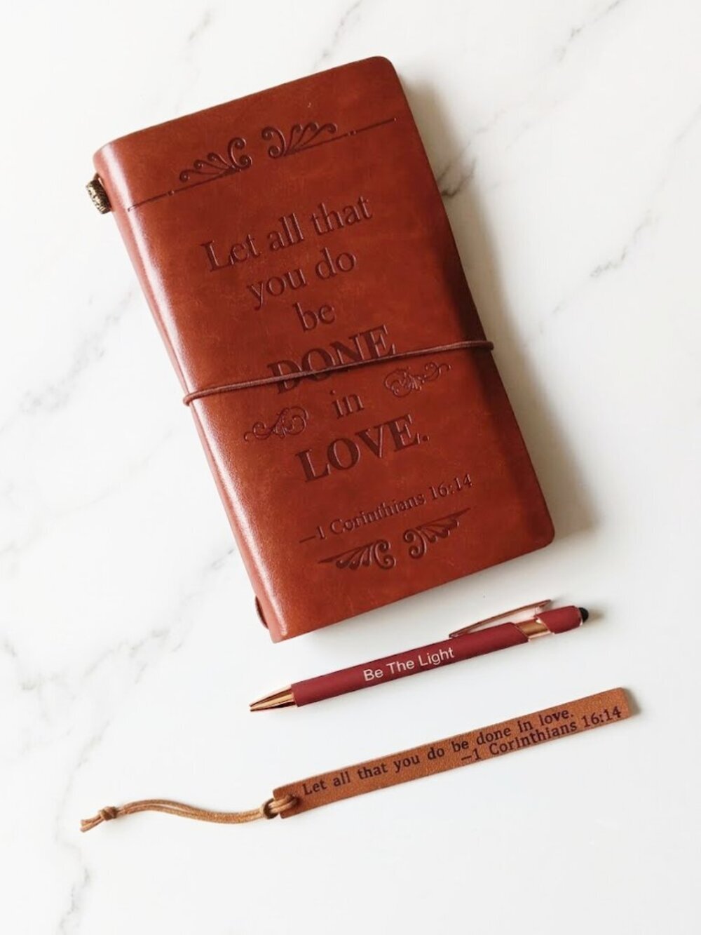 Brown Embossed Leather Journal with Pen Bookmark - 1 Corinthians 16:4